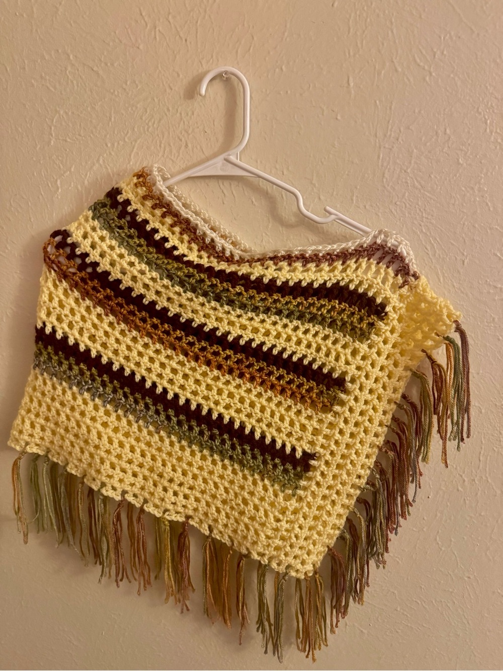 Hand Crafted Yellow Crochet Shawl with Brown and Green Stripes